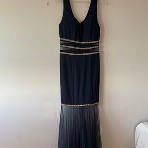 Navy Sleeveless Mesh-Hem Evening Gown with Metallic Trim